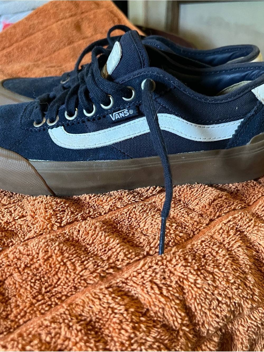 Vans Men’s Navy Canvas Sneakers with White Side Stripe and Brown Sole